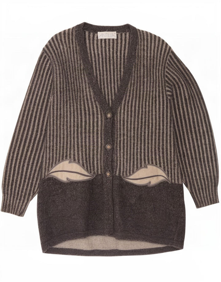 Vintage Womens Longline Cardigan Sweater UK 14 Medium Grey Striped Wool