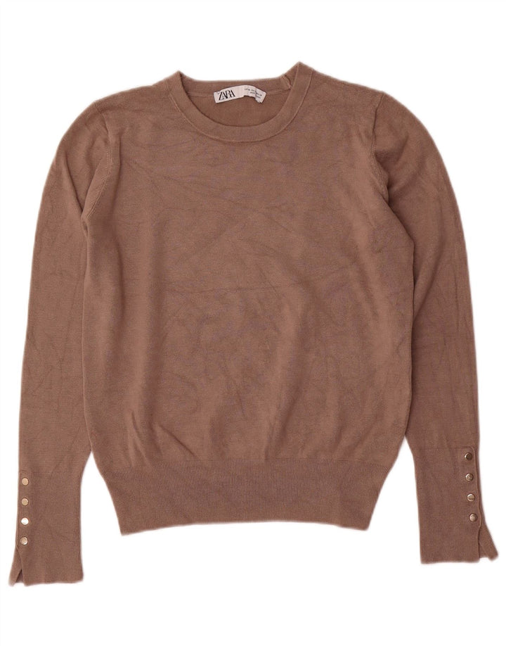 Zara Womens Crew Neck Jumper Sweater UK 12 Medium Brown Viscose