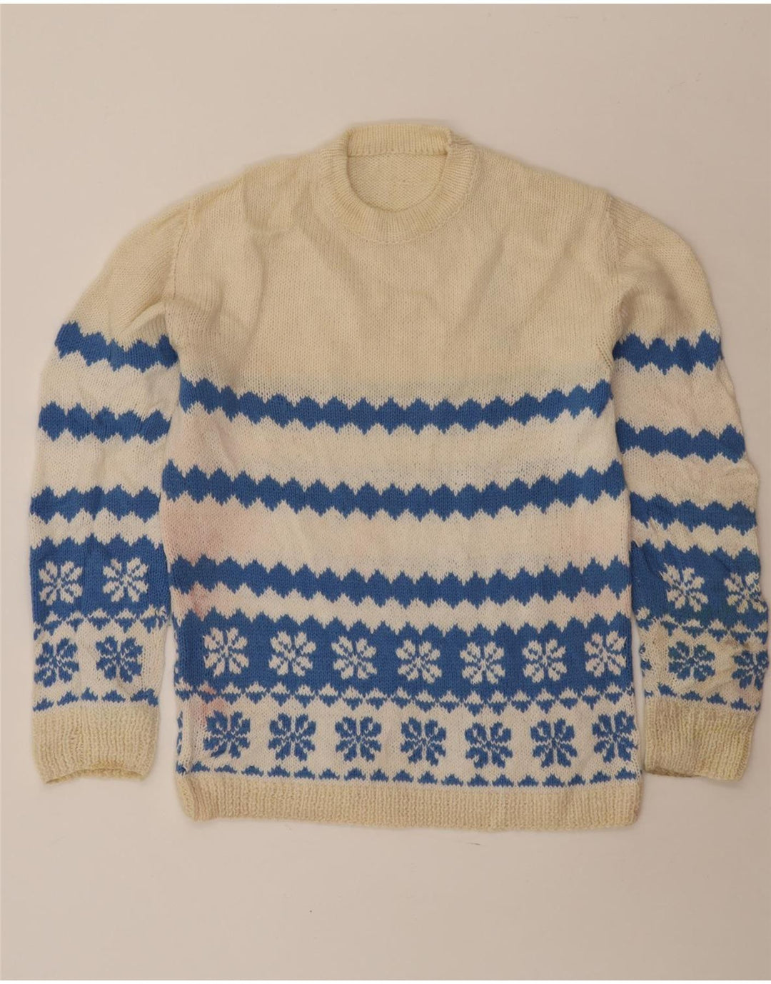 VINTAGE Mens Crew Neck Jumper Sweater Medium Off White Fair Isle