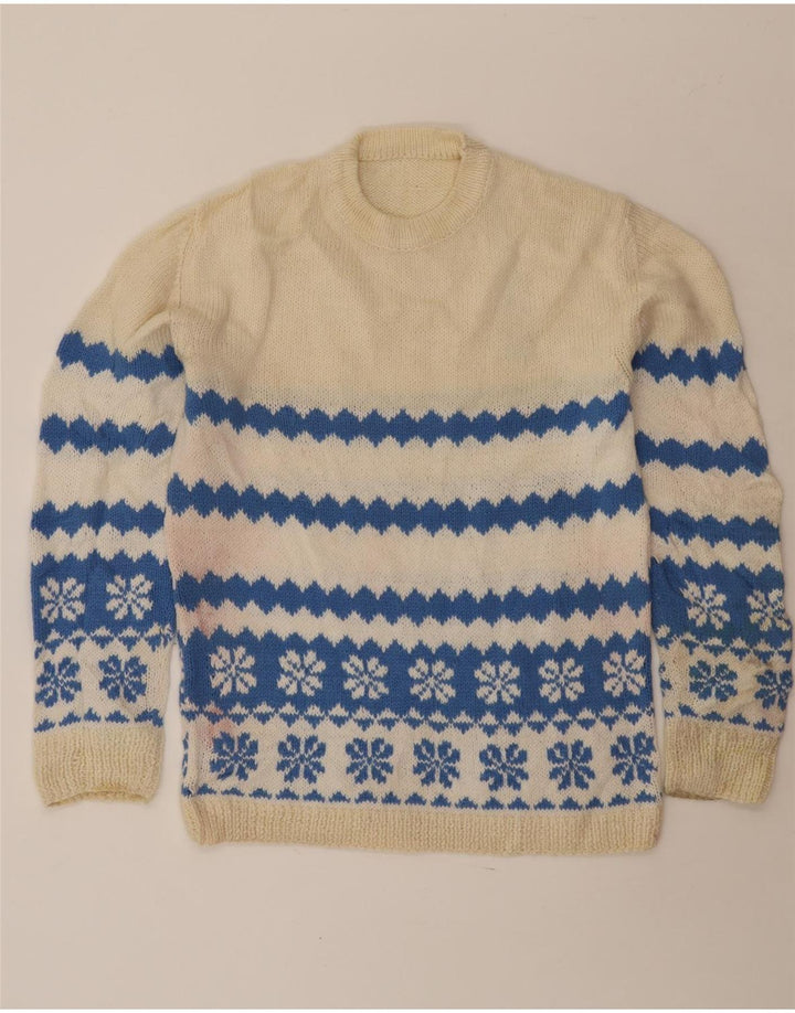 VINTAGE Mens Crew Neck Jumper Sweater Medium Off White Fair Isle