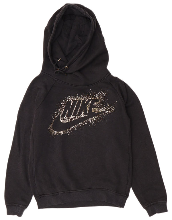 Nike Womens Graphic Oversized Hoodie Jumper UK 10 Small Black Cotton