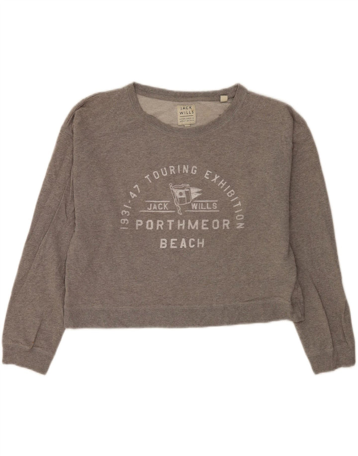 Jack Wills Womens Graphic Crop Sweatshirt Jumper UK 12 Medium Grey Cotton