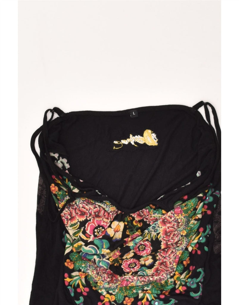 DESIGUAL Womens Graphic Cami Top UK 14 Large Black Floral Viscose | Vintage Desigual | Thrift | Second-Hand Desigual | Used Clothing | Messina Hembry 