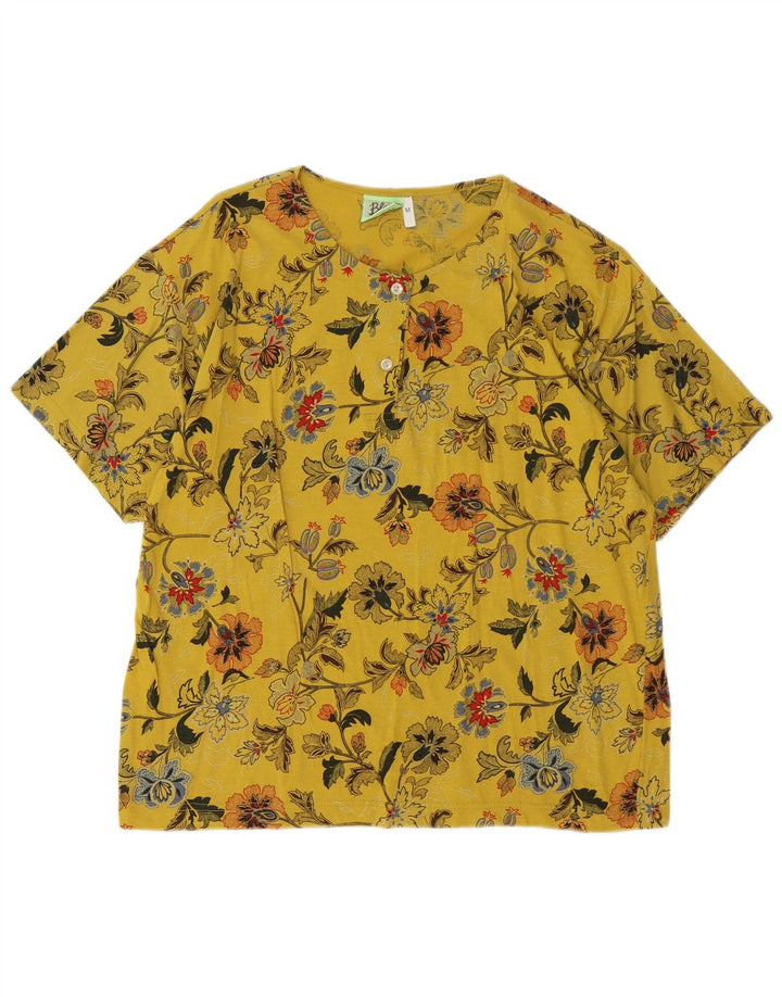 VINTAGE Womens Blouse Top UK 12 Medium Yellow Floral Cotton