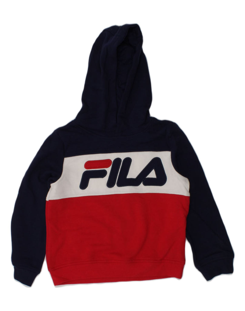 FILA Boys Graphic Hoodie Jumper 4-5 Years Navy Blue Colourblock Cotton | Vintage Fila | Thrift | Second-Hand Fila | Used Clothing | Messina Hembry 