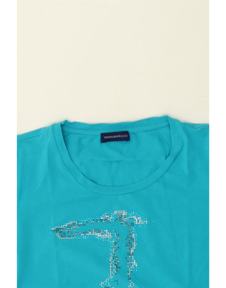 TRUSSARDI JEANS Womens Graphic T-Shirt Top UK 12 Medium Blue Vintage Trussardi Jeans and Second-Hand Trussardi Jeans from Messina Hembry 
