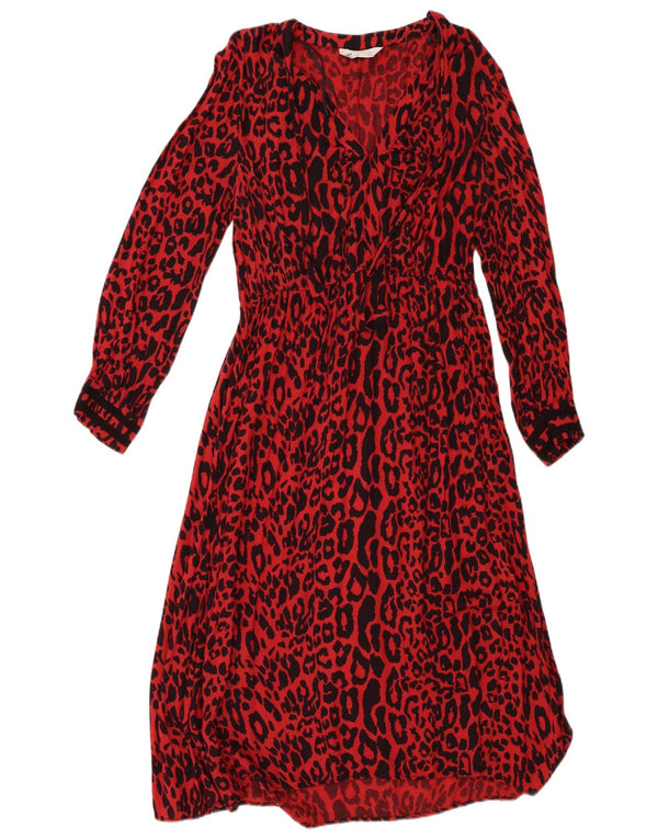Zara Womens Long Sleeve A-Line Dress UK 16 Large Red Animal Print