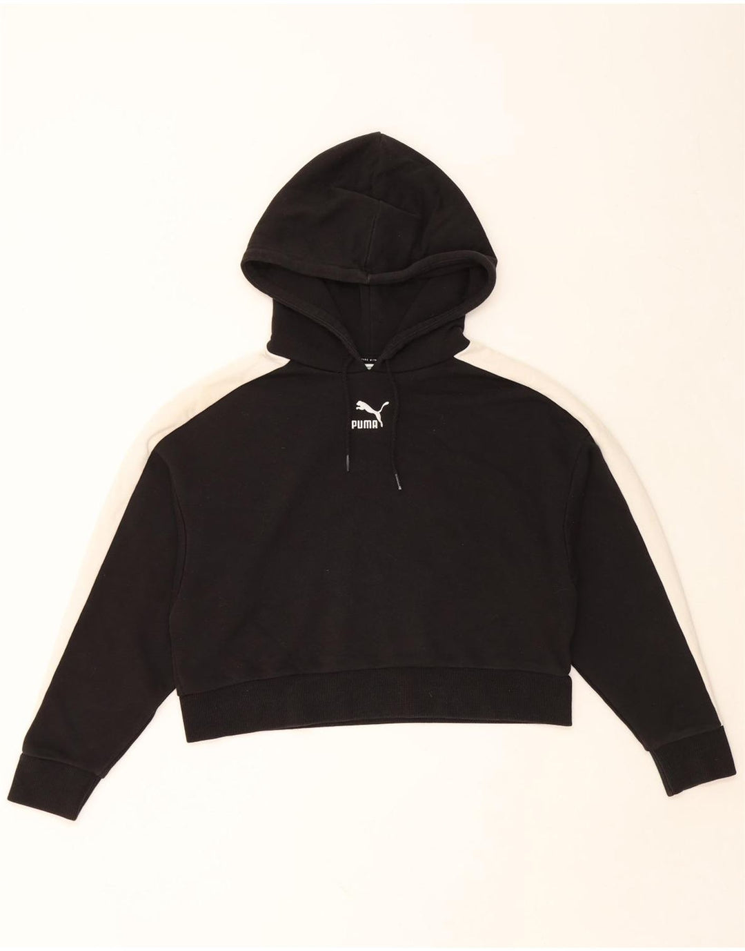 PUMA Womens Crop Hoodie Jumper UK 14 Medium Black Colourblock