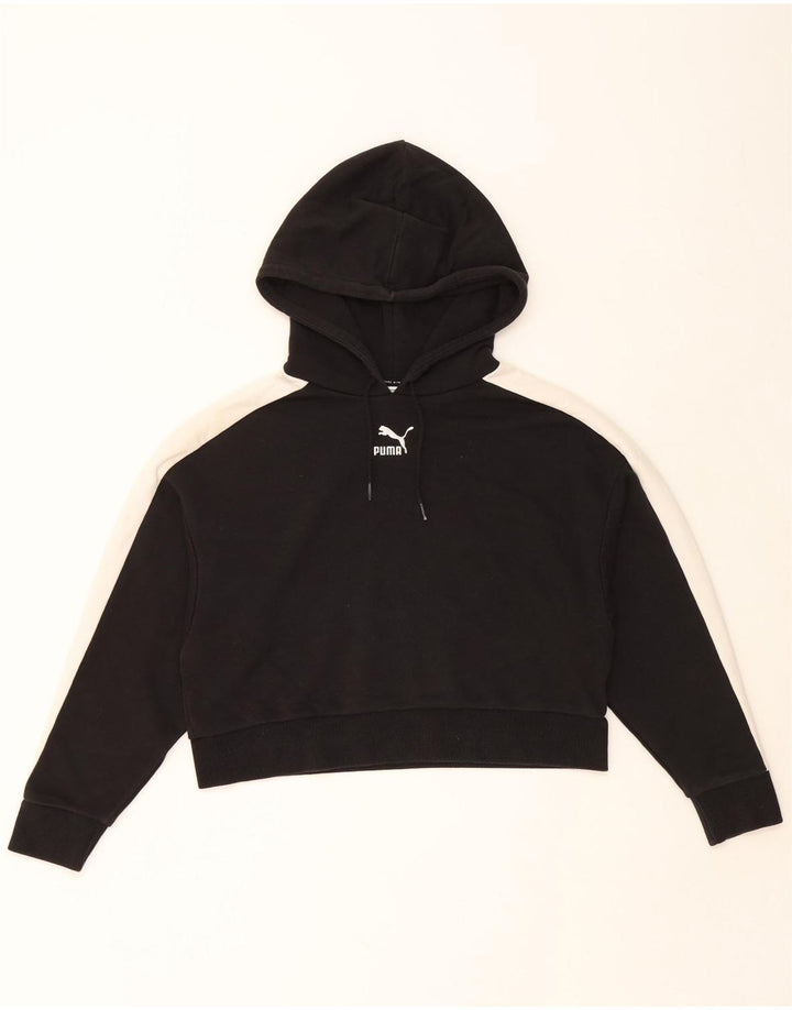 PUMA Womens Crop Hoodie Jumper UK 14 Medium Black Colourblock