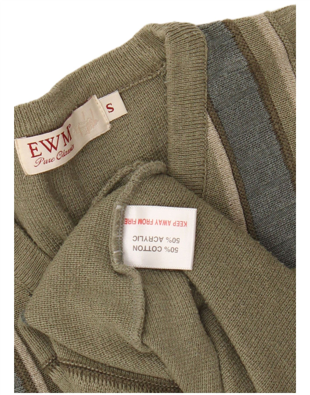 EWM Mens V-Neck Jumper Sweater Small Khaki Striped Cotton
