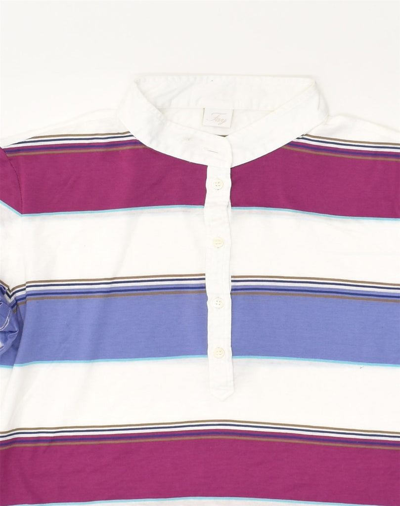 FAY Womens Polo Shirt UK 14 Large White Striped Cotton | Vintage Fay | Thrift | Second-Hand Fay | Used Clothing | Messina Hembry 