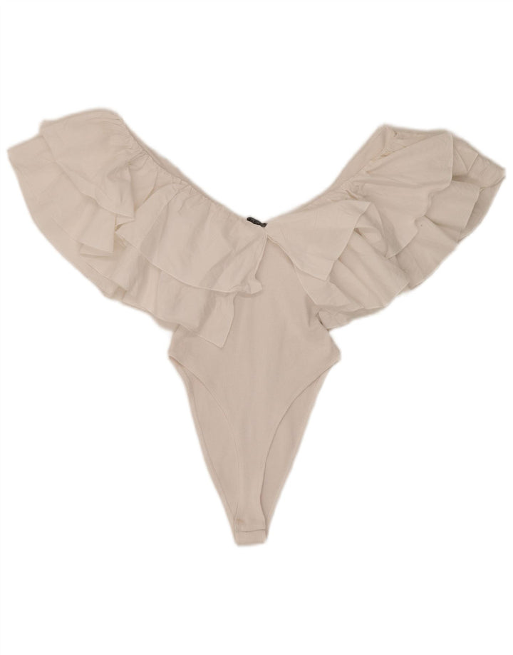 Zara Womens Ruffle Bodysuit UK 8 Small White Cotton