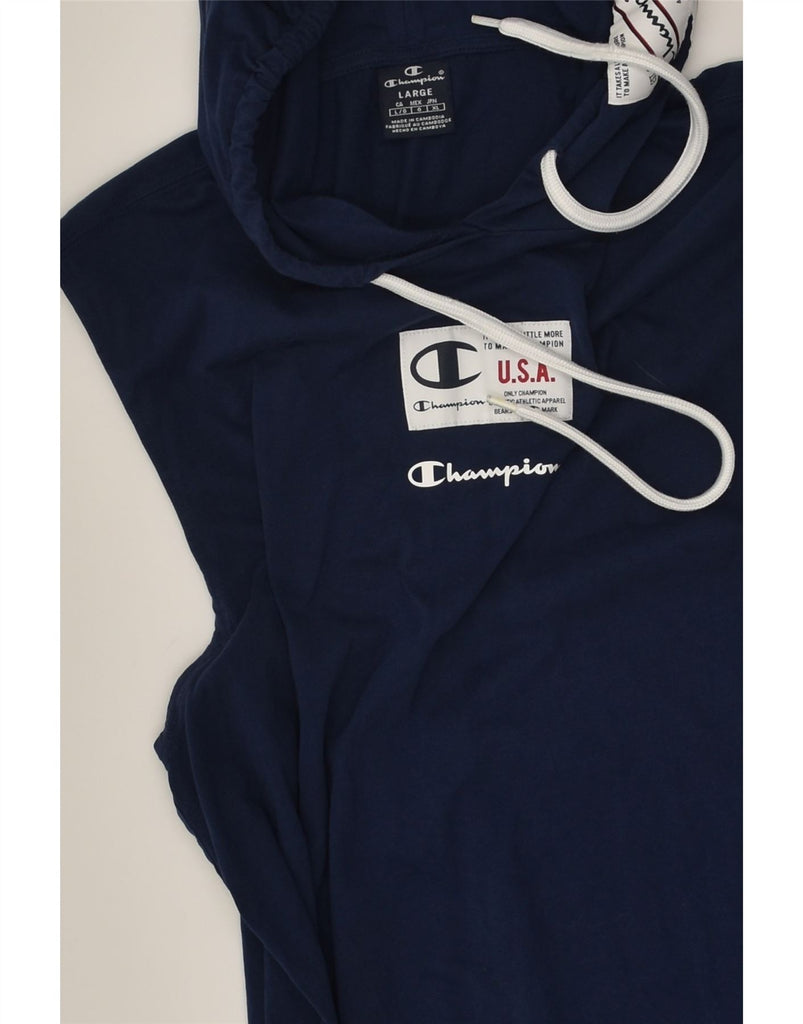 CHAMPION Womens Graphic Sleeveless Hoodie Dress UK 16 Large Navy Blue | Vintage Champion | Thrift | Second-Hand Champion | Used Clothing | Messina Hembry 