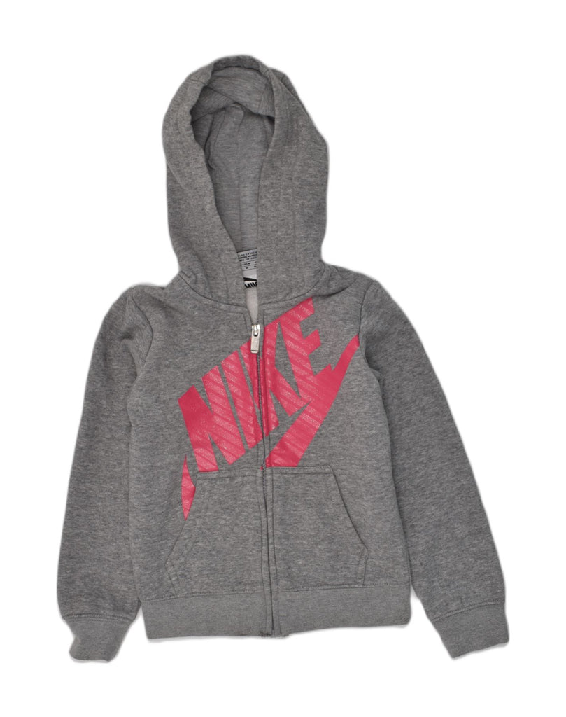 NIKE Girls Graphic Zip Hoodie Sweater 5-6 Years Medium Grey Cotton | Vintage Nike | Thrift | Second-Hand Nike | Used Clothing | Messina Hembry 