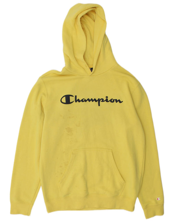 Champion Mens Graphic Hoodie Jumper Medium Yellow Cotton