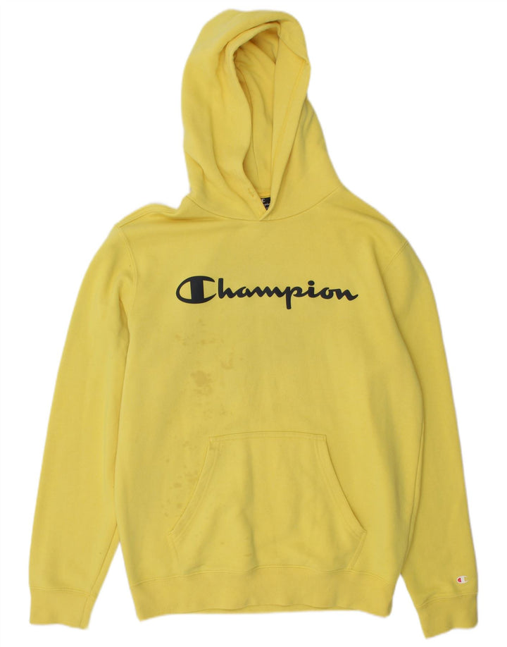 Champion Mens Graphic Hoodie Jumper Medium Yellow Cotton