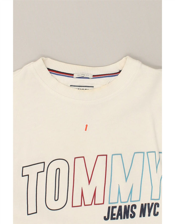 TOMMY JEANS Mens Relaxed Fit Graphic Sweatshirt Jumper Small White Cotton | Vintage Tommy Jeans | Thrift | Second-Hand Tommy Jeans | Used Clothing | Messina Hembry 