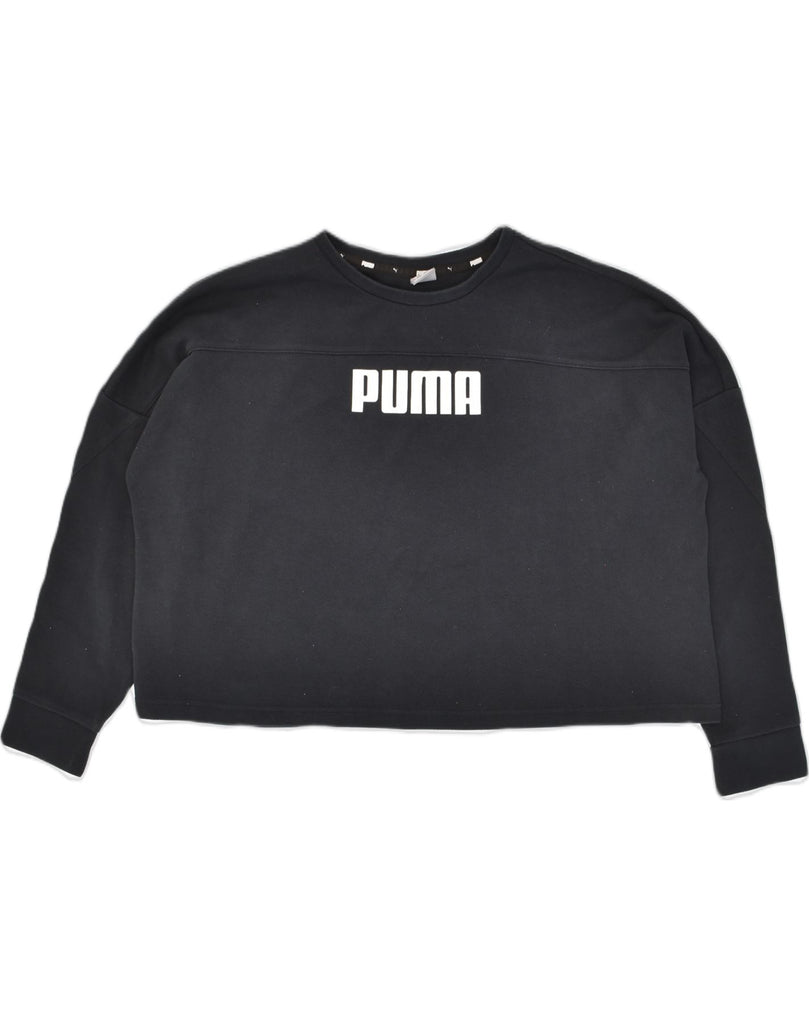 PUMA Womens Crop Oversized Sweatshirt Jumper UK 10 Small Black Cotton | Vintage Puma | Thrift | Second-Hand Puma | Used Clothing | Messina Hembry 