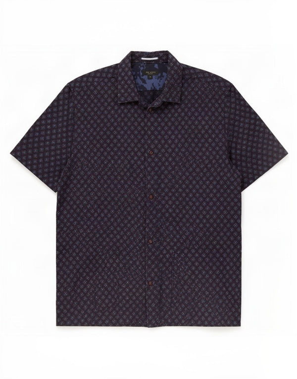 Ted Baker Mens Short Sleeve Shirt Size 5 XL Navy Blue Geometric Cotton