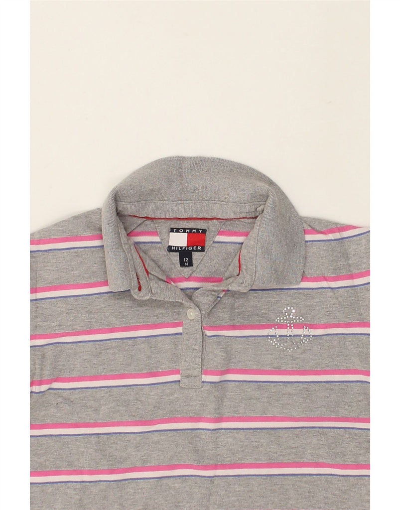 TOMMY HILFIGER Girls Polo Shirt 11-12 Years Medium Grey Striped Cotton | Vintage Tommy Hilfiger | Thrift | Second-Hand Tommy Hilfiger | Used Clothing | Messina Hembry 