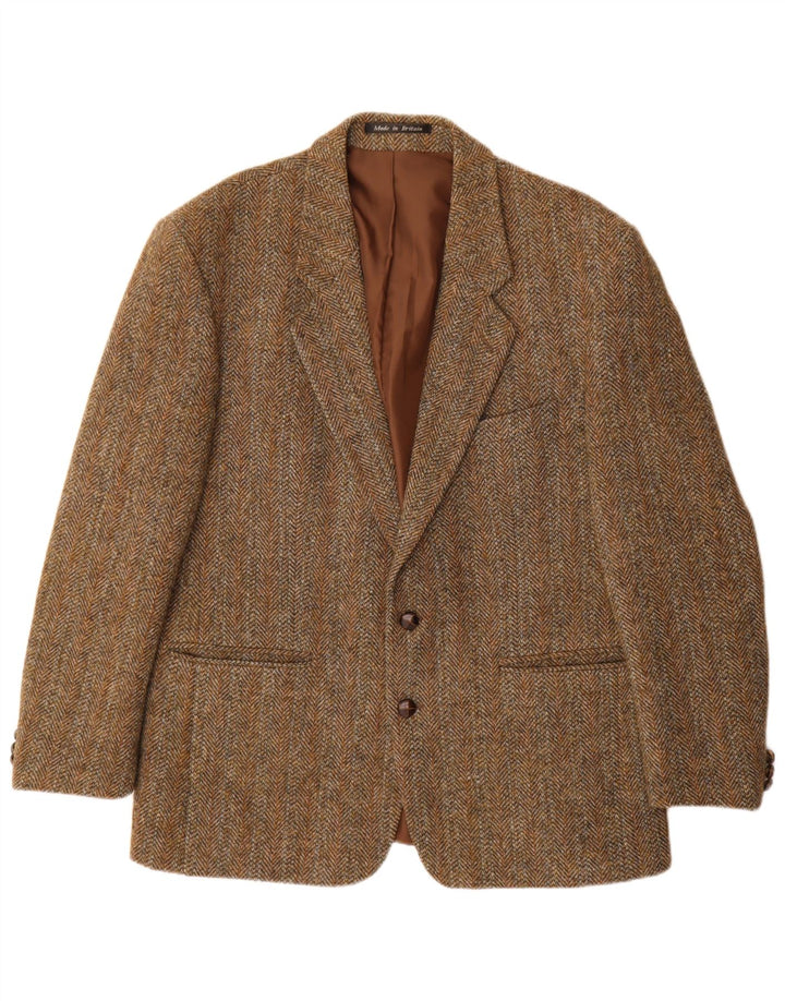 Harris Tweed Mens 2 Button Blazer Jacket UK 44 2XL Brown Herringbone Wool