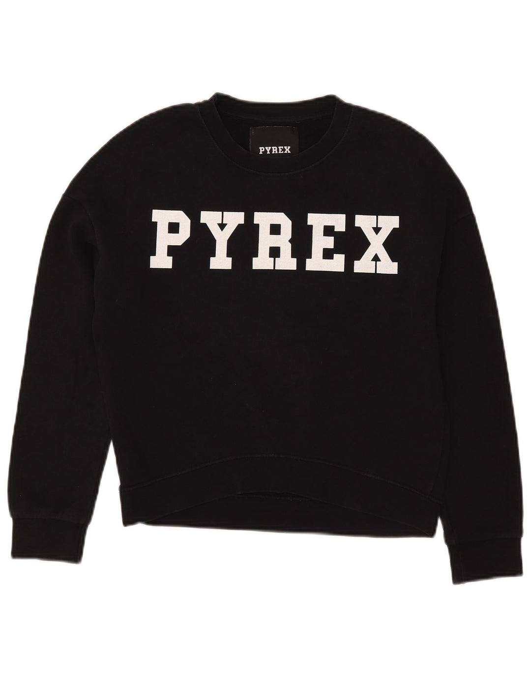 Pyrex Womens Oversized Crop Graphic Sweatshirt Jumper UK 6 XS Black Cotton