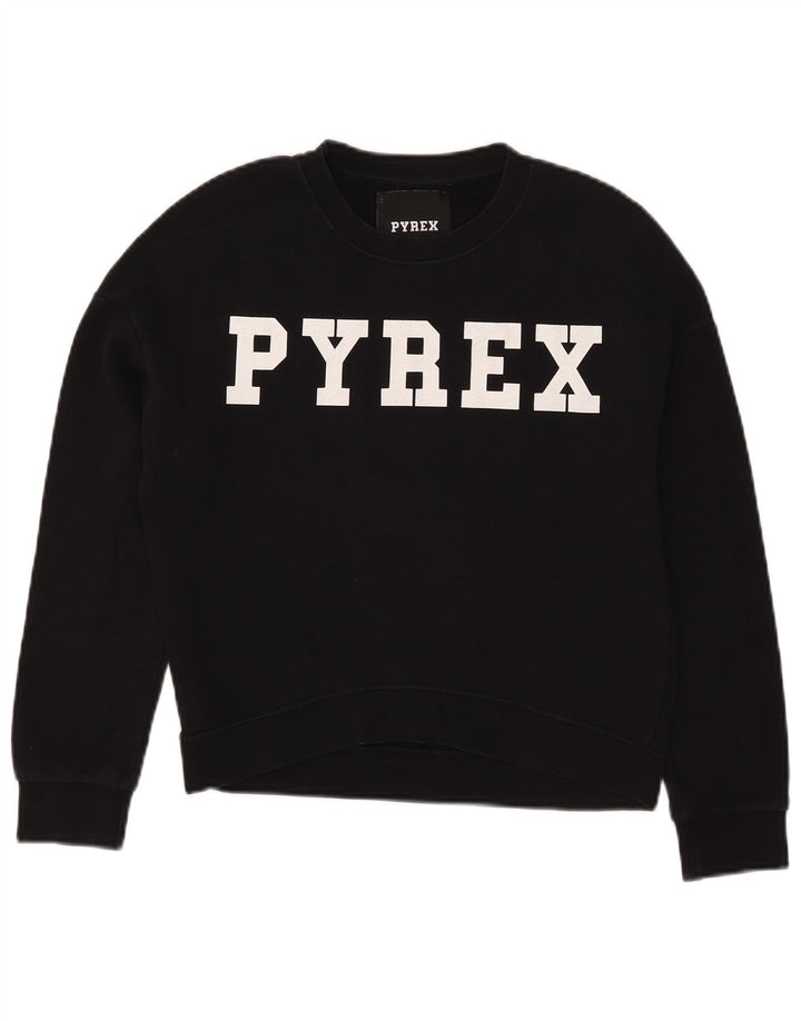 Pyrex Womens Oversized Crop Graphic Sweatshirt Jumper UK 6 XS Black Cotton
