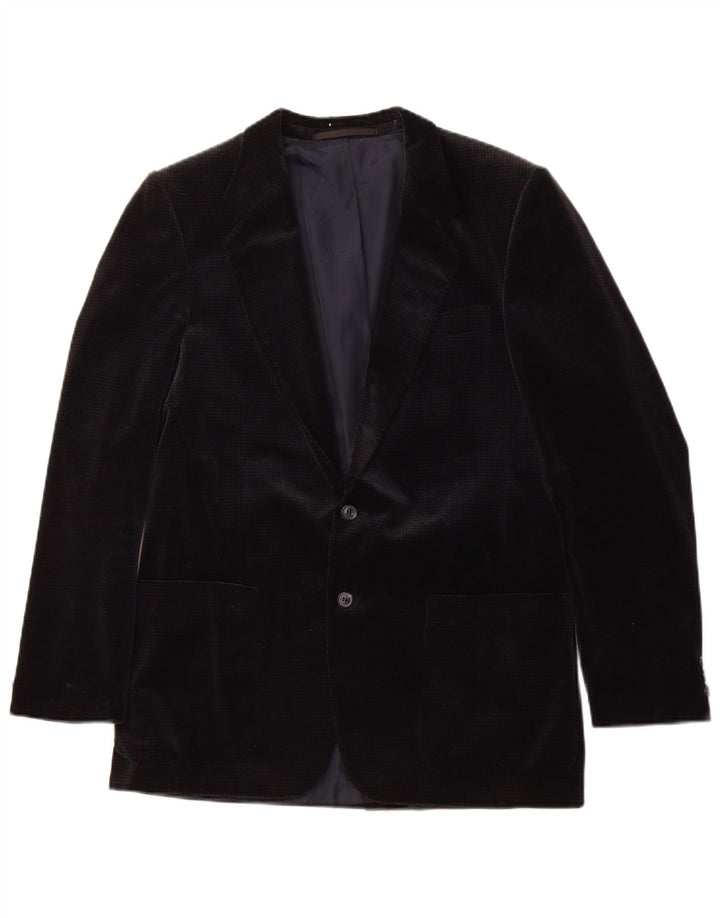 Vintage Mens Velvet Blazer Jacket UK 36 Small Navy Blue Houndstooth Cotton