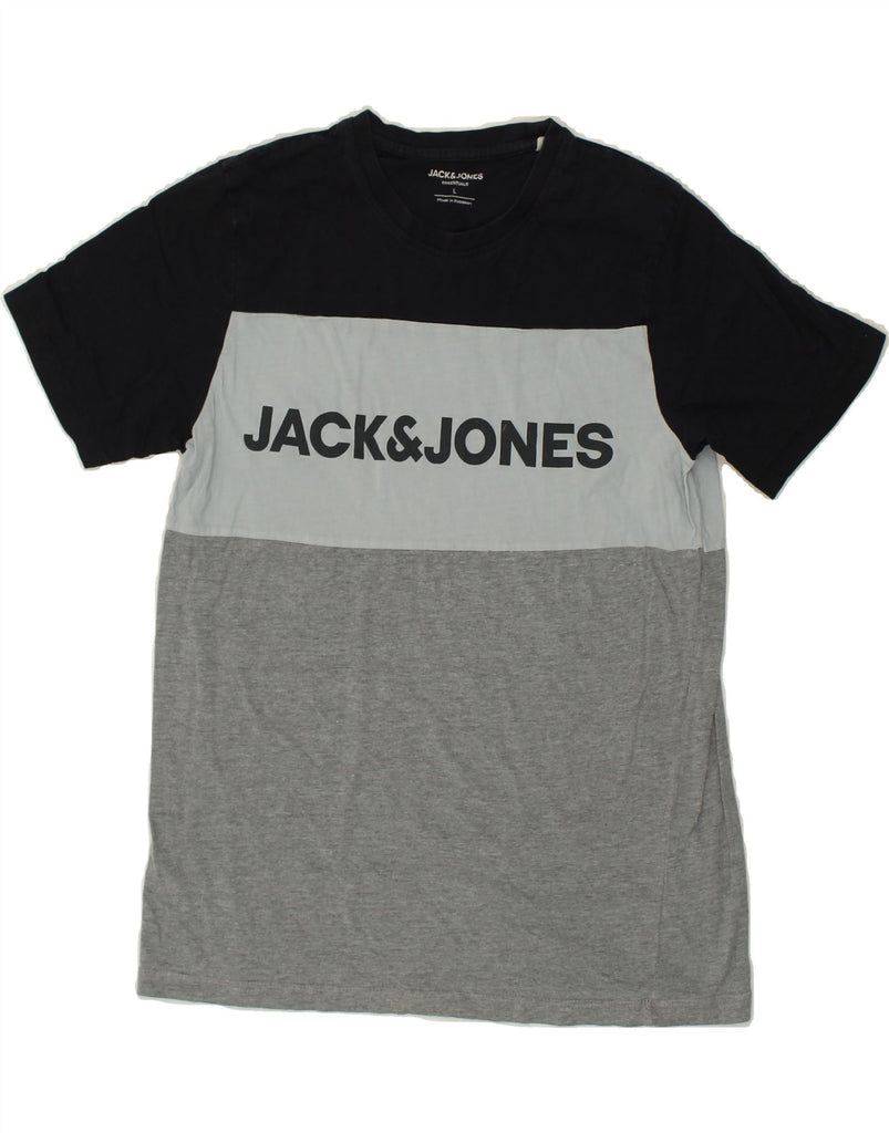 JACK & JONES Mens Slim Graphic T-Shirt Top Large Grey Colourblock Cotton | Vintage Jack & Jones | Thrift | Second-Hand Jack & Jones | Used Clothing | Messina Hembry 