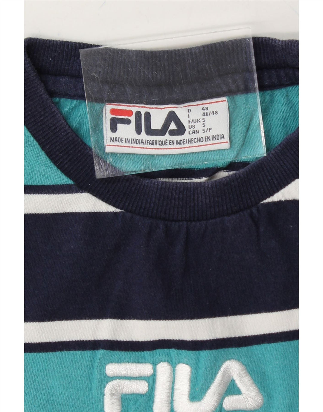 FILA Mens Graphic T-Shirt Top Small Navy Blue Striped Cotton Vintage Fila and Second-Hand Fila from Messina Hembry 