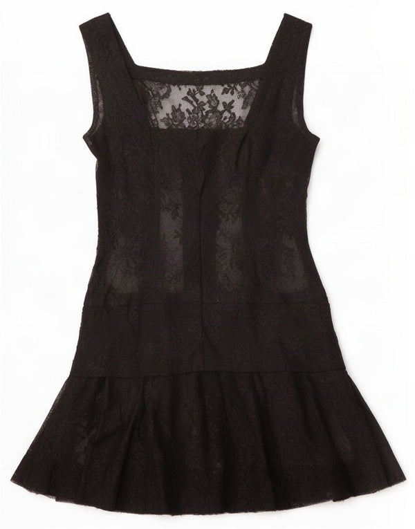 Vintage Womens See Through Sleeveless Tiered Dress UK 10 Small Black Floral