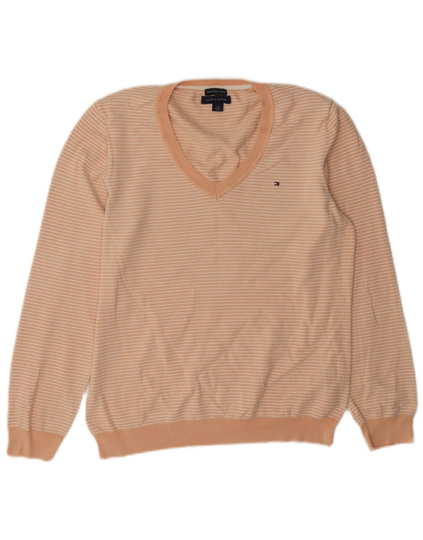Tommy Hilfiger Womens V-Neck Jumper Sweater UK 16 Large Orange Striped