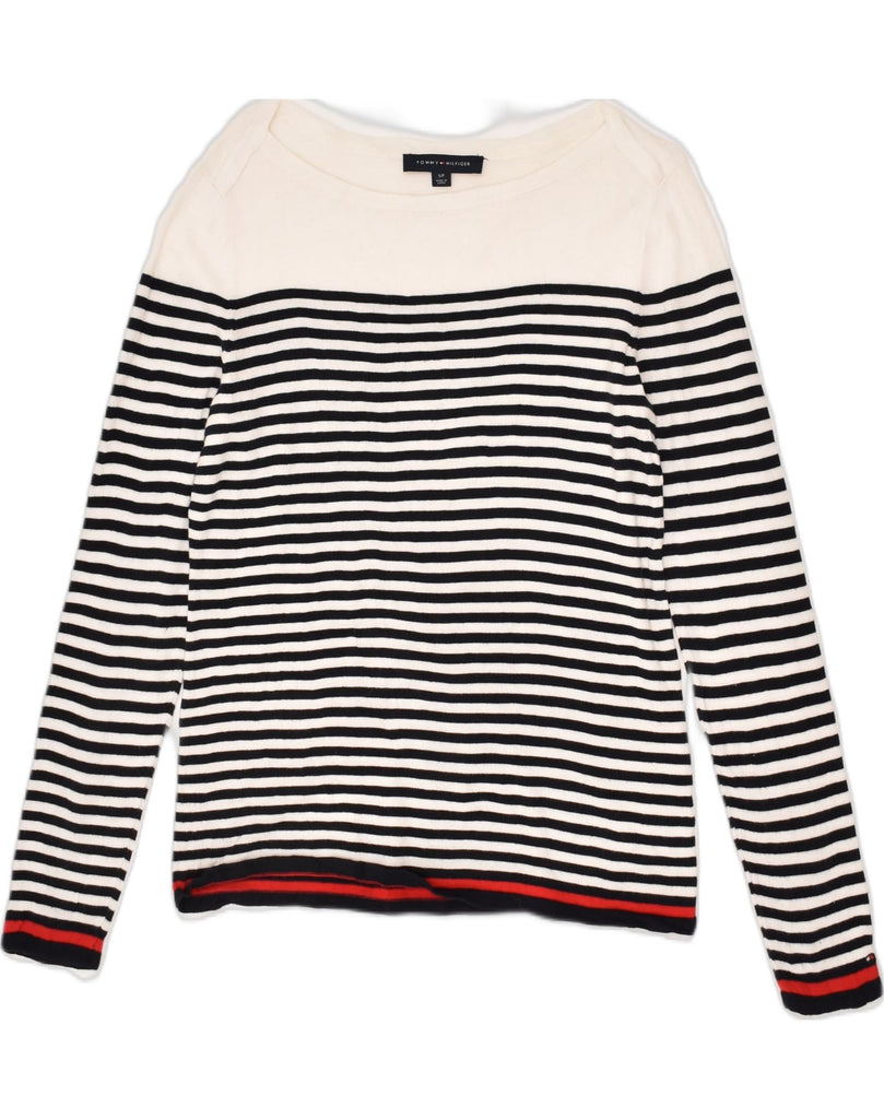 TOMMY HILFIGER Womens Boat Neck Jumper Sweater UK 10 Small White Striped | Vintage Tommy Hilfiger | Thrift | Second-Hand Tommy Hilfiger | Used Clothing | Messina Hembry 