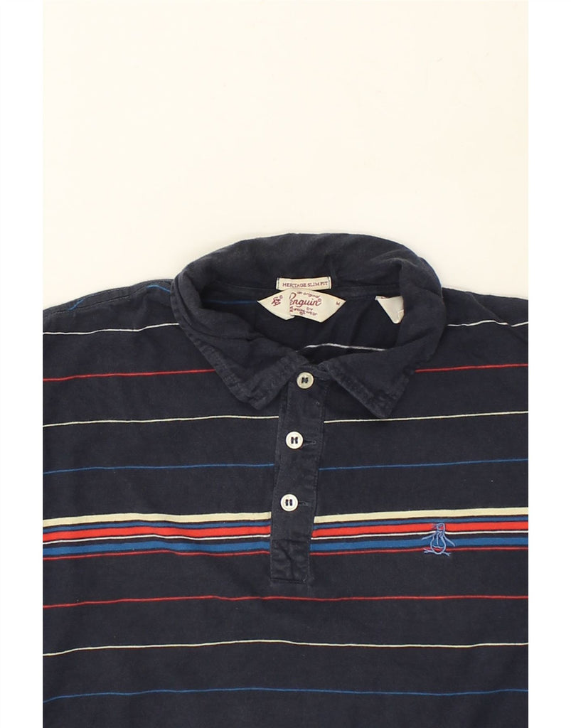 PENGUIN Mens Heritage Slim Fit Polo Shirt Medium Navy Blue Pinstripe | Vintage Penguin | Thrift | Second-Hand Penguin | Used Clothing | Messina Hembry 