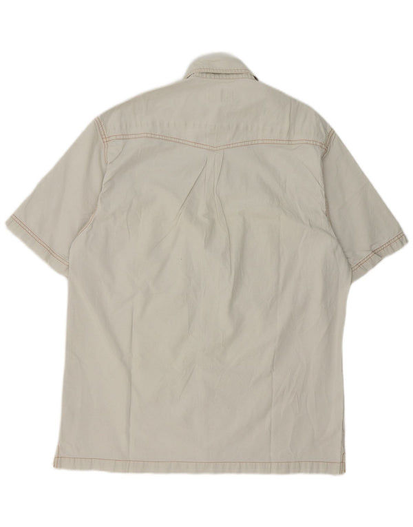 John Baner Mens Short Sleeve Shirt Medium Beige Geometric Cotton Western