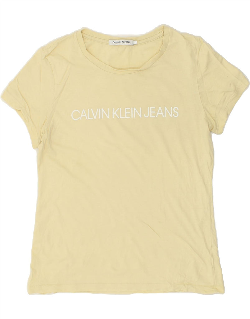 CALVIN KLEIN Womens Graphic T-Shirt Top UK 14 Large Yellow | Vintage Calvin Klein | Thrift | Second-Hand Calvin Klein | Used Clothing | Messina Hembry 
