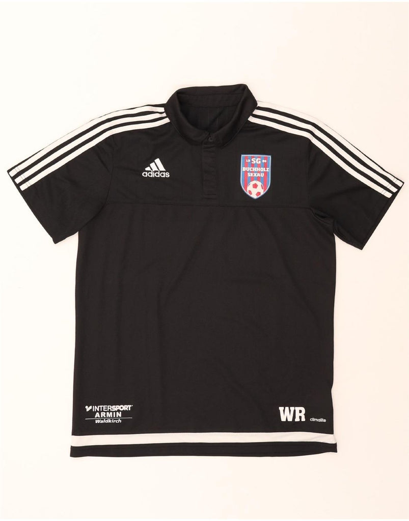 ADIDAS Mens SG Buchholz Sexau 1986 Graphic Polo Shirt Large Black Vintage Adidas and Second-Hand Adidas from Messina Hembry 