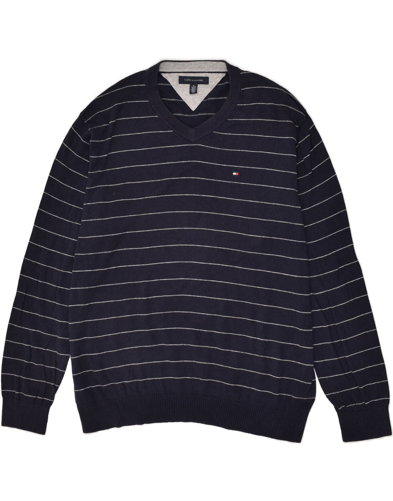 TOMMY HILFIGER Mens V-Neck Jumper Sweater XL Navy Blue Pinstripe Cotton | Vintage Tommy Hilfiger | Thrift | Second-Hand Tommy Hilfiger | Used Clothing | Messina Hembry 