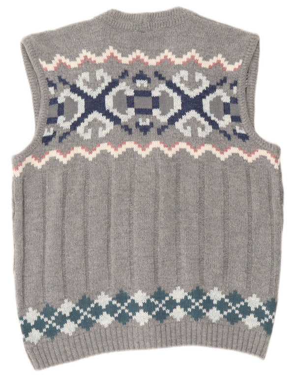 Vintage Mens Sleeveless Loose Fit Cardigan Sweater Medium Grey Fair Isle
