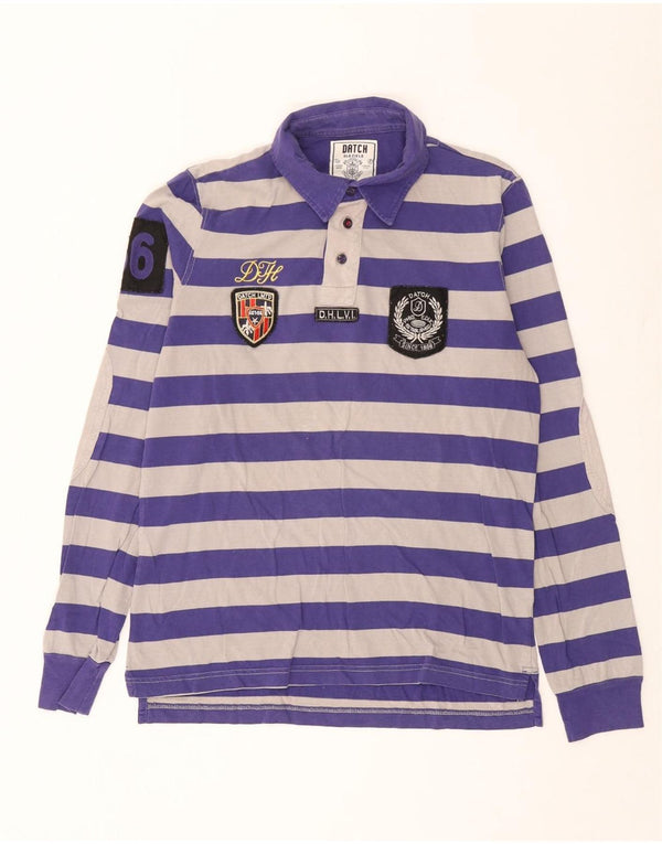 Datch Mens Graphic Long Sleeve Rugby Polo Shirt XL Purple Striped Cotton