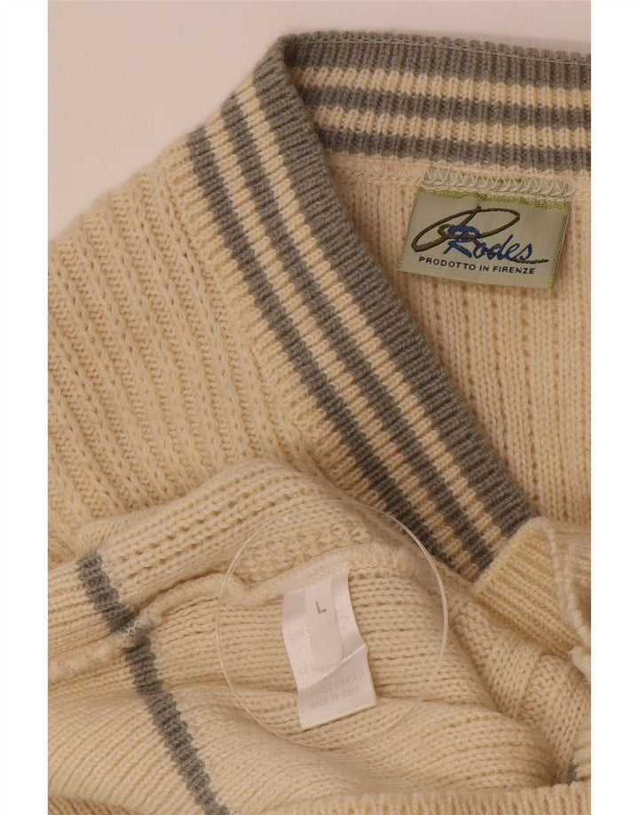 Rodes Mens V-Neck Jumper Sweater Large Off White Wool