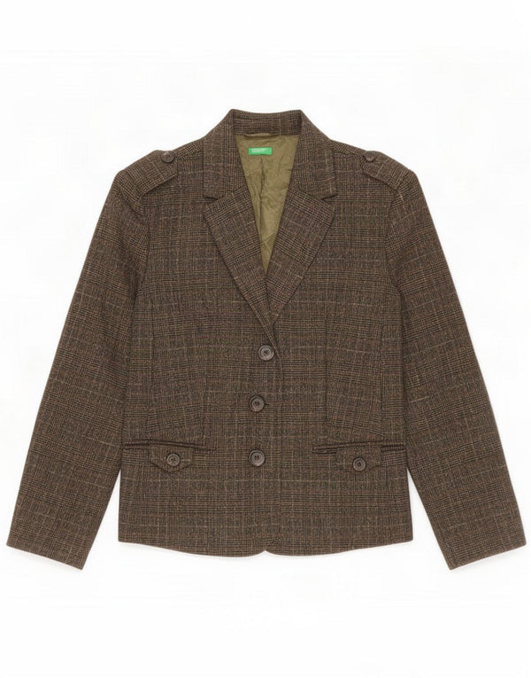 Benetton Womens Military 3 Button Blazer Jacket IT 46 Large Khaki Check