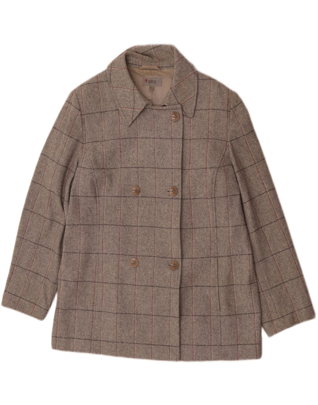 Marks & Spencer Womens Double Breasted Coat UK 18 XL Grey Check New Wool