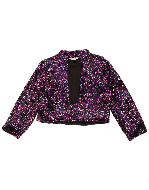 Zara Womens Crop 3/4 Sleeve Blouse Top UK 14 Large Purple Flecked