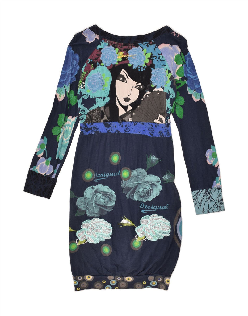 DESIGUAL Womens Graphic Long Sleeve Bubble Dress UK 8 Small Navy Blue Vintage Desigual and Second-Hand Desigual from Messina Hembry 