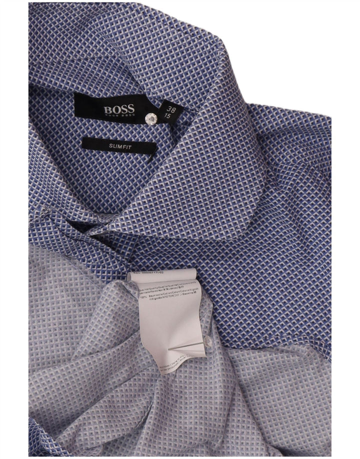 Hugo Boss Mens Slim Fit Shirt Size 38 15 Medium Blue Spotted Cotton