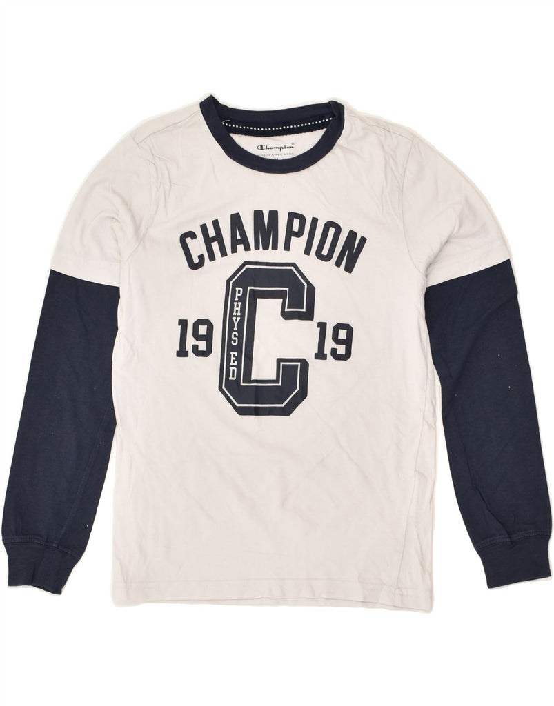 CHAMPION Boys Graphic Top Long Sleeve 9-10 Years Medium White Colourblock | Vintage Champion | Thrift | Second-Hand Champion | Used Clothing | Messina Hembry 