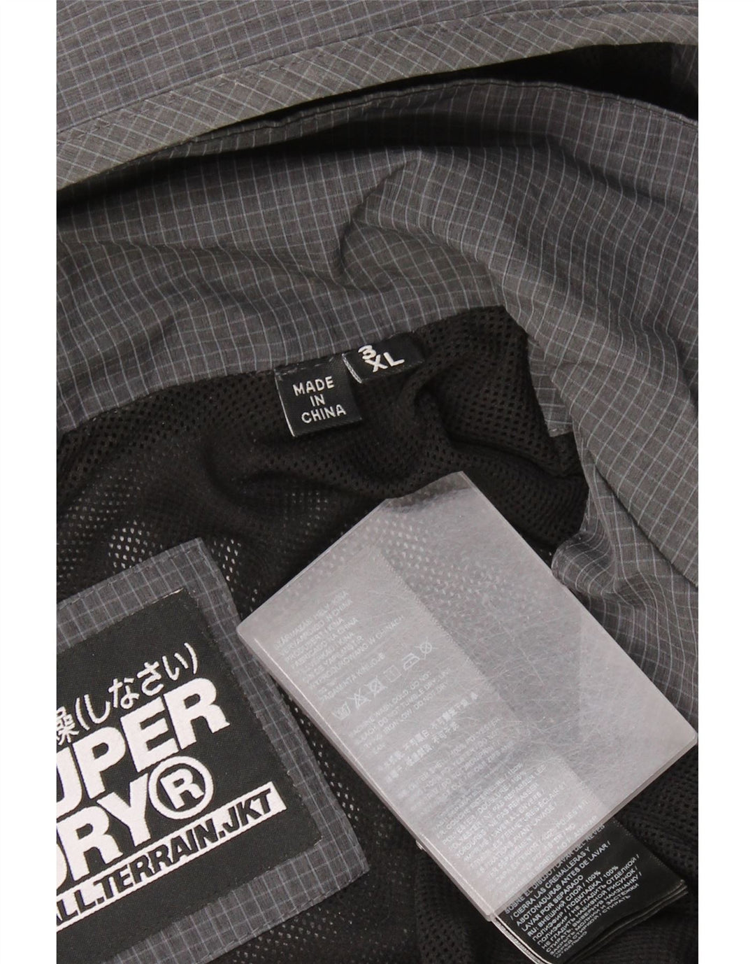 Superdry Mens Graphic Hooded Rain Jacket UK 46 3XL Grey Check Polyester