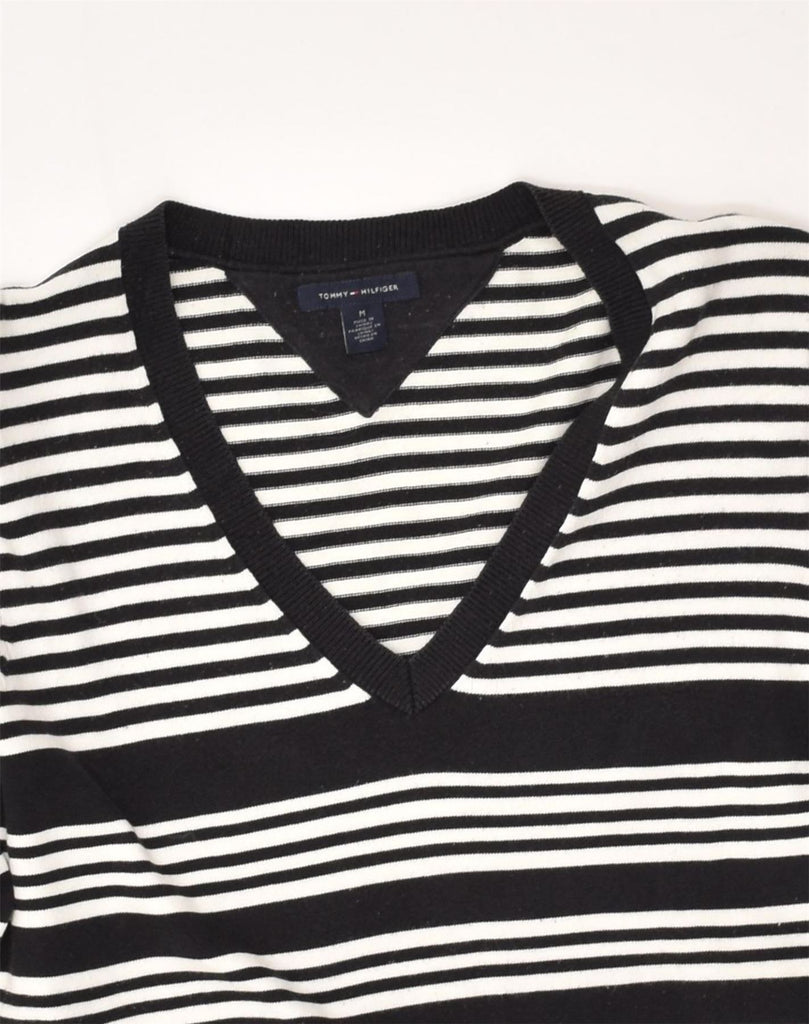 TOMMY HILFIGER Womens V-Neck Jumper Sweater UK 12 Medium Black Striped | Vintage Tommy Hilfiger | Thrift | Second-Hand Tommy Hilfiger | Used Clothing | Messina Hembry 