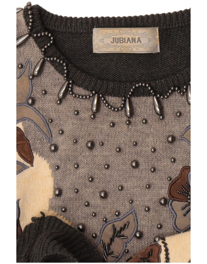 Jubiana Womens Crew Neck Jumper Sweater UK 14 Medium Grey Floral